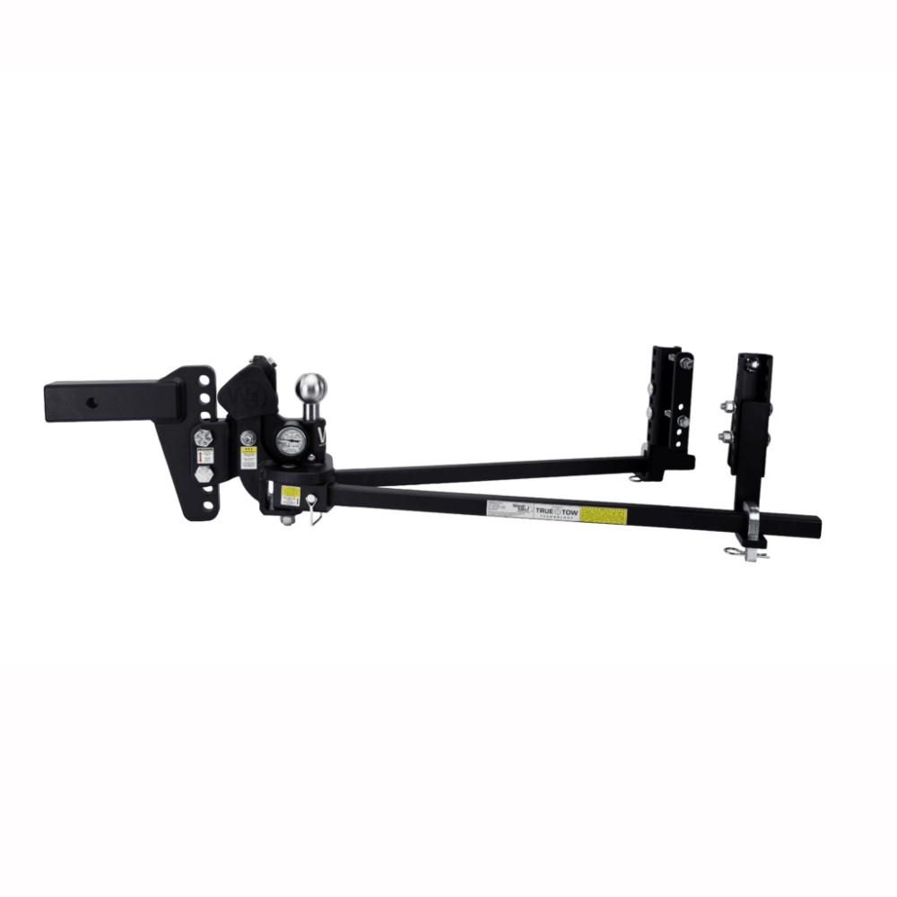 Image of the Weigh Safe Steel Weight Distribution Adjustable Drop Hitch with sway control components. The assembly includes adjustable arms, a ball mount, and various mounting brackets. This weight distribution equipment is designed for stabilization and towing.