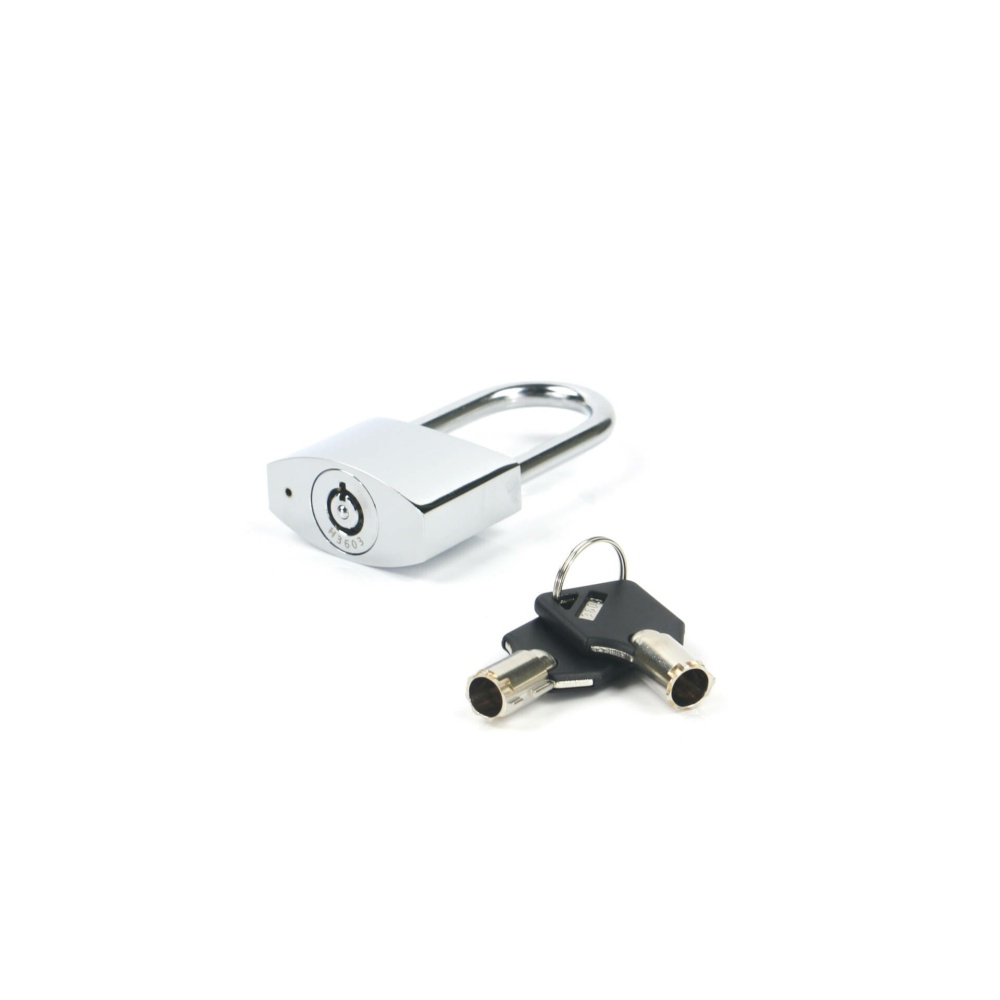 A Weigh Safe Adjustable Trailer Coupler Latch Lock in silver, accompanied by a pair of black-handled keys placed next to it, is ideal for securing your trailer coupler.