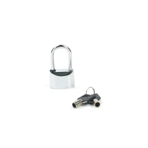 The Weigh Safe Adjustable Trailer Coupler Latch Lock (Copy), a shiny silver padlock with a closed shackle perfect for securing an adjustable trailer coupler, is shown next to two loose keys on a white background.