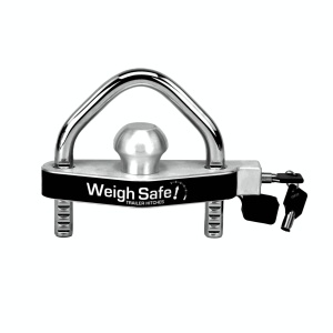 The Weigh Safe Padlock (Copy) in stainless steel, featuring a padlock with keys, is designed to secure a trailer to a towing vehicle.