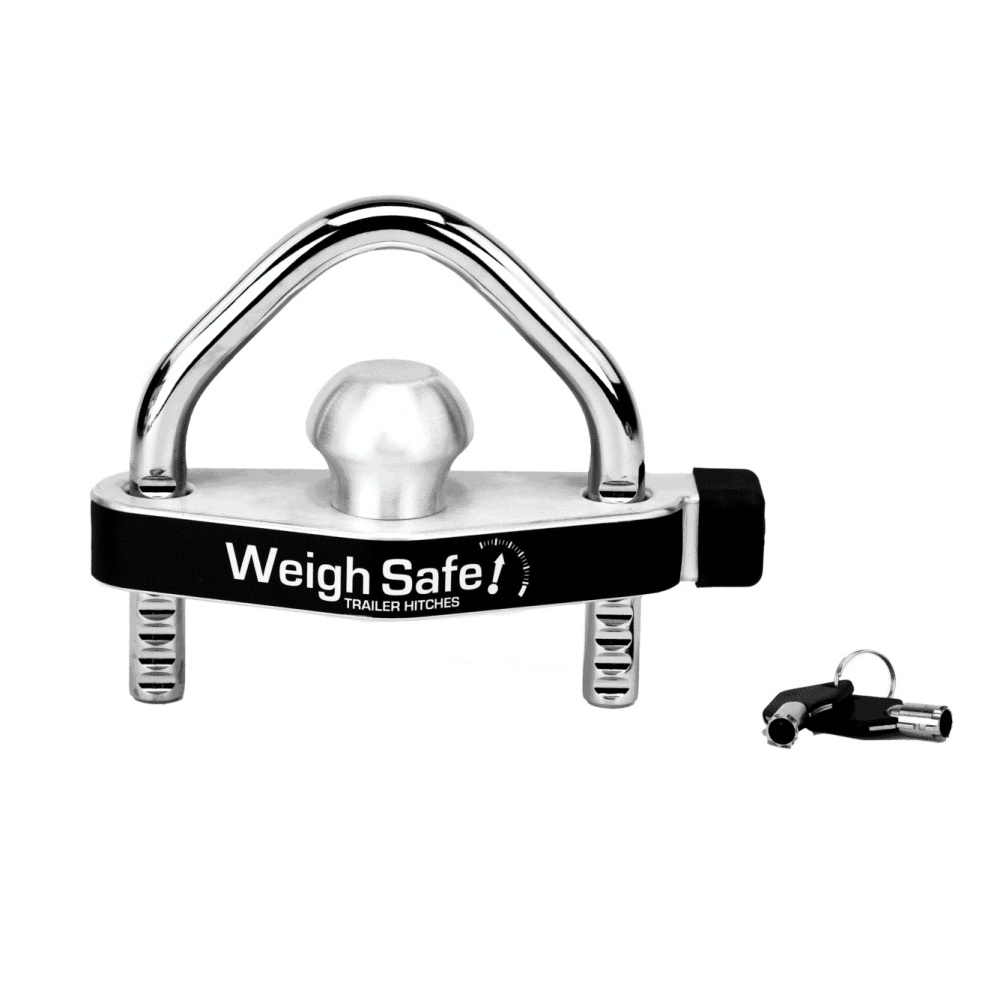 A Weigh Safe trailer hitch lock with a key, shown against a white background, offers security akin to the trusted Weigh Safe Padlock (Copy).