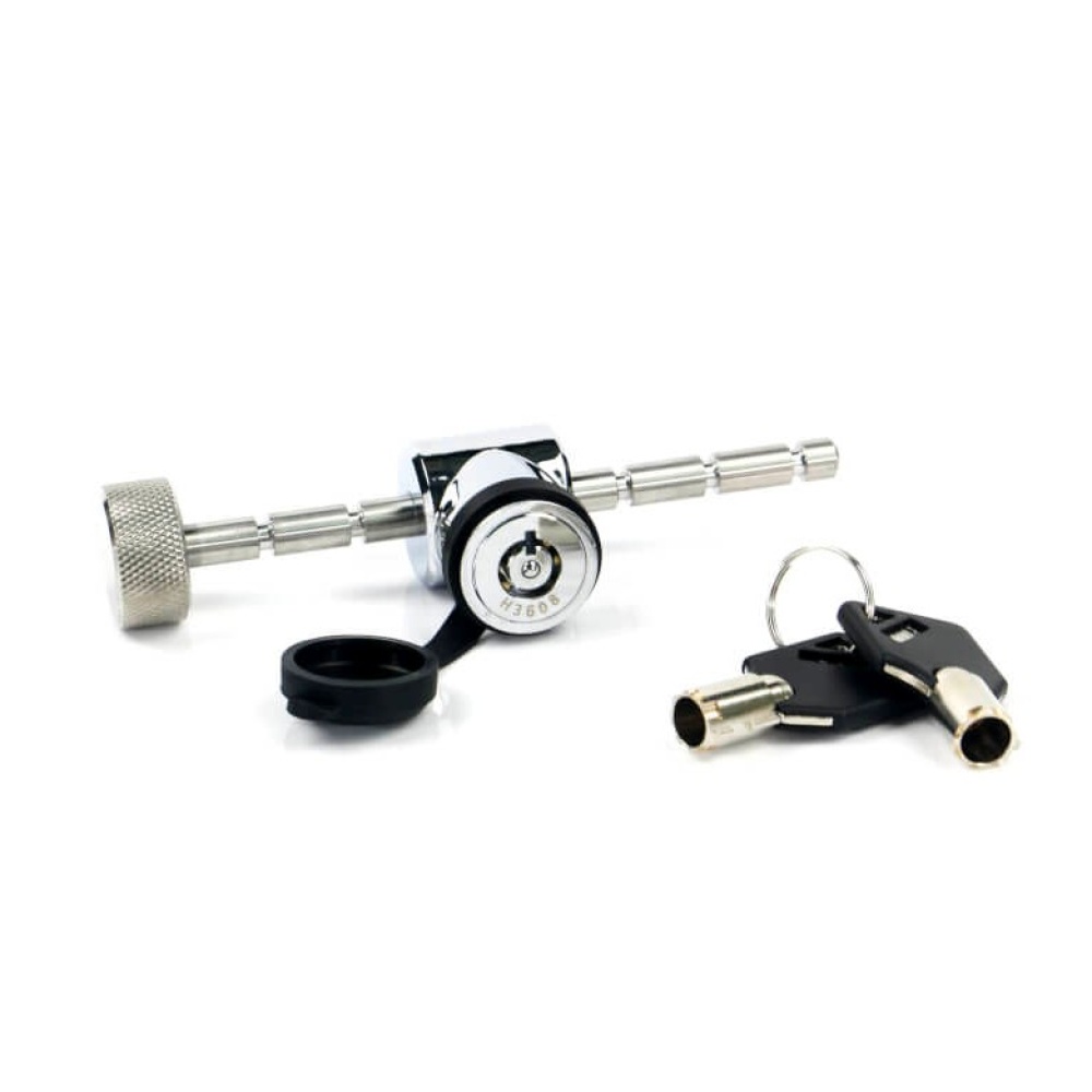 A metal hitch lock with two keys on a keyring next to it. The Weigh Safe Hitch Locking Pin, featuring a cylindrical body and round dial, is designed for securing trailers and includes a durable locking mechanism for added security.