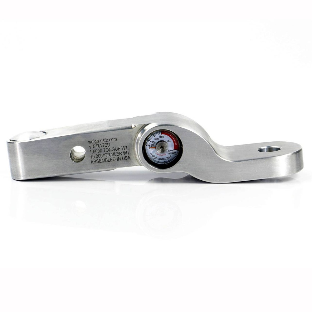 The Weigh Safe Aluminum Fixed-Height Hitch features a built-in dial displaying weight measurements. Designed for use on trailers, it includes detailed engravings of weight specs and assembly origin. Paired perfectly with a Fixed-Height Hitch, this durable tool is crafted from high-quality aluminum.