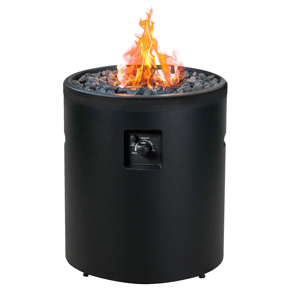 Black round propane fire pit with lava rocks and a control knob on the front. Flames are visible on top.