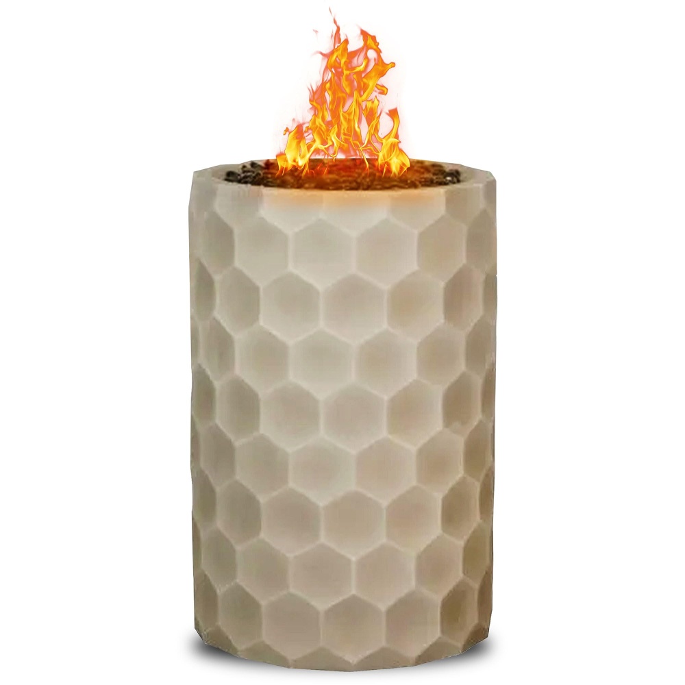 A tall, hexagonal-patterned outdoor fire pit with a visible flame at the top. The fire pit is cylindrical and has a beige color.