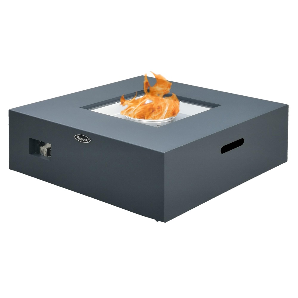 Square, black, outdoor fire pit with a visible burning flame in the center and a control panel on the side.