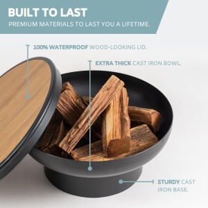 Image of a fire pit with a wood-like lid, showcasing split logs inside. Text highlights features: 100% waterproof lid, extra thick cast iron bowl, and sturdy cast iron base with "BUILT TO LAST" slogan.