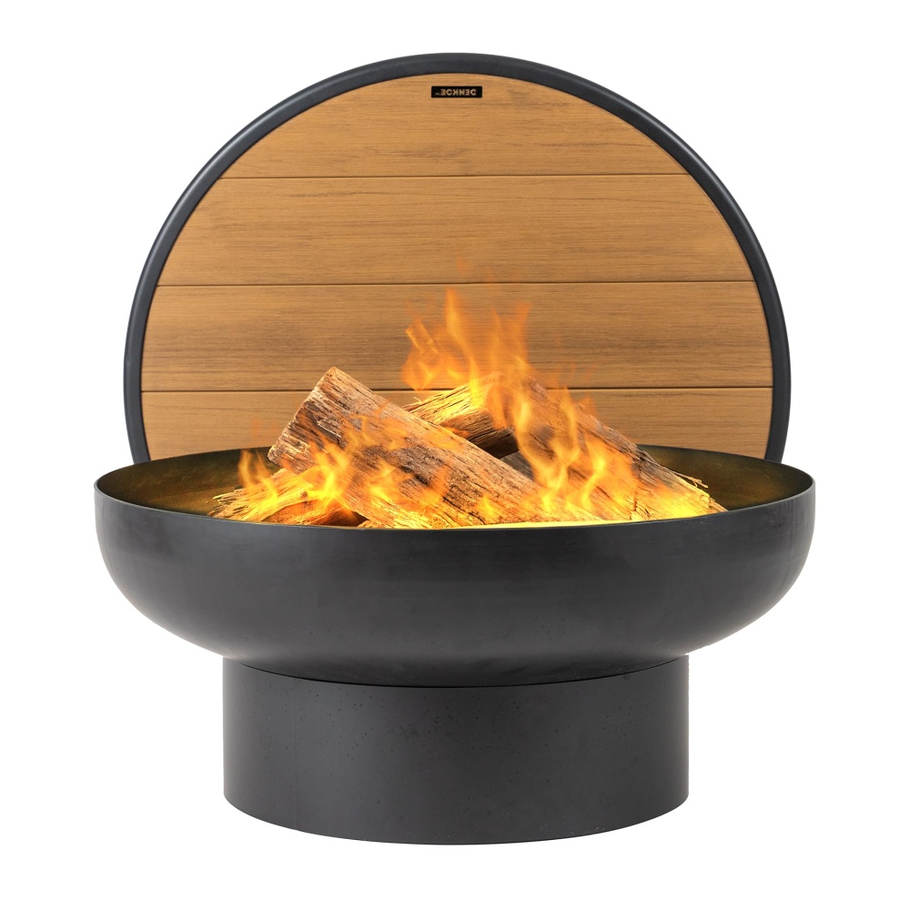 A black, round fire pit with a wooden panel backdrop, featuring a burning fire with large, glowing logs.