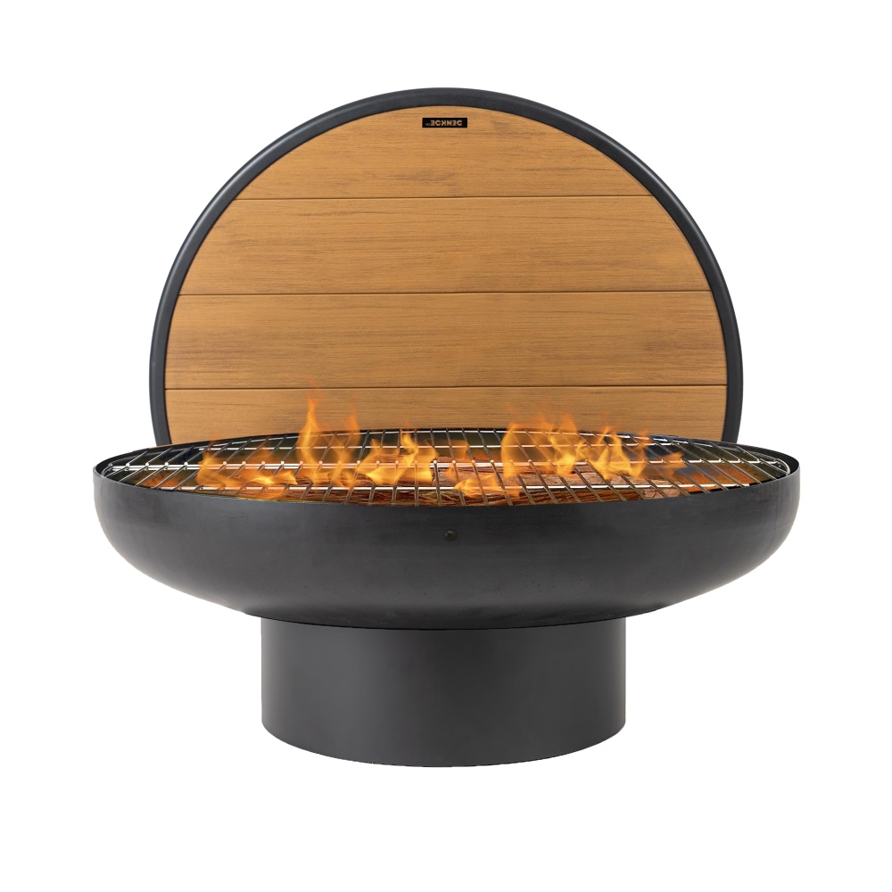 A modern black round grill with a wooden back panel, featuring flames and grilling surface.