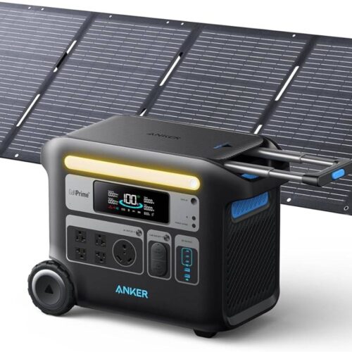 A portable solar power generator setup with a foldable solar panel and a power station displaying various outlets and a digital screen, ideal for ice fishing trips.