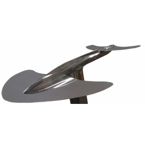 Futuristic metal sculpture of a sleek, streamlined shape with smooth, reflective surfaces on a pedestal, reminiscent of the innovative design found in the Sky Ski RS Aero 41 Sit-Down Hydrofoil.