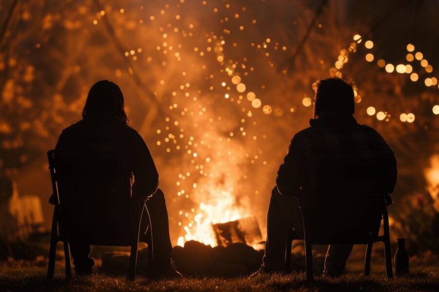 Two people sit in chairs in front of a fire pit at night, surrounded by string lights and a warm glow. The campfire smoke drifts lazily, adding to the atmosphere, as the men and women share stories under the starry sky.