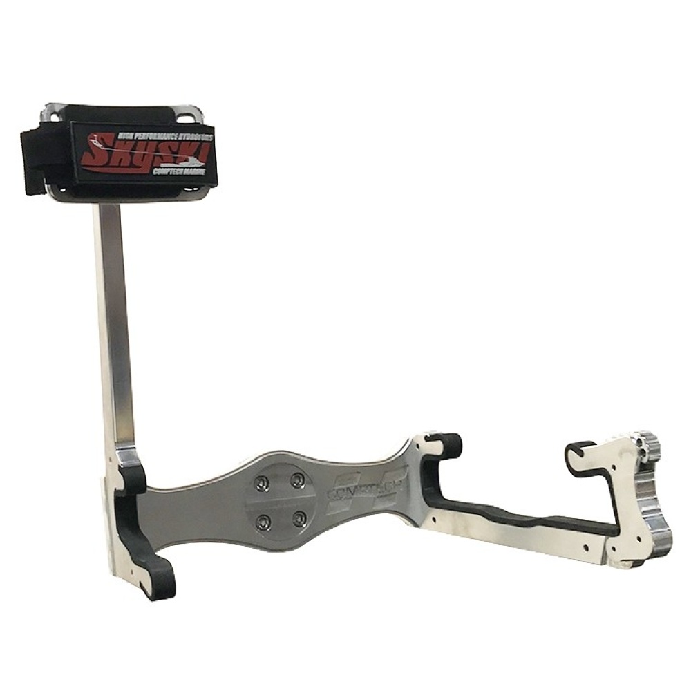 A metallic bow release aid with a padded strap labeled "Scott" at the top, featuring a curved design and adjustable components for archery use, reminiscent of the precision found in the Comptech Marine Fixed Hydrofoil Rack by Sky Ski.