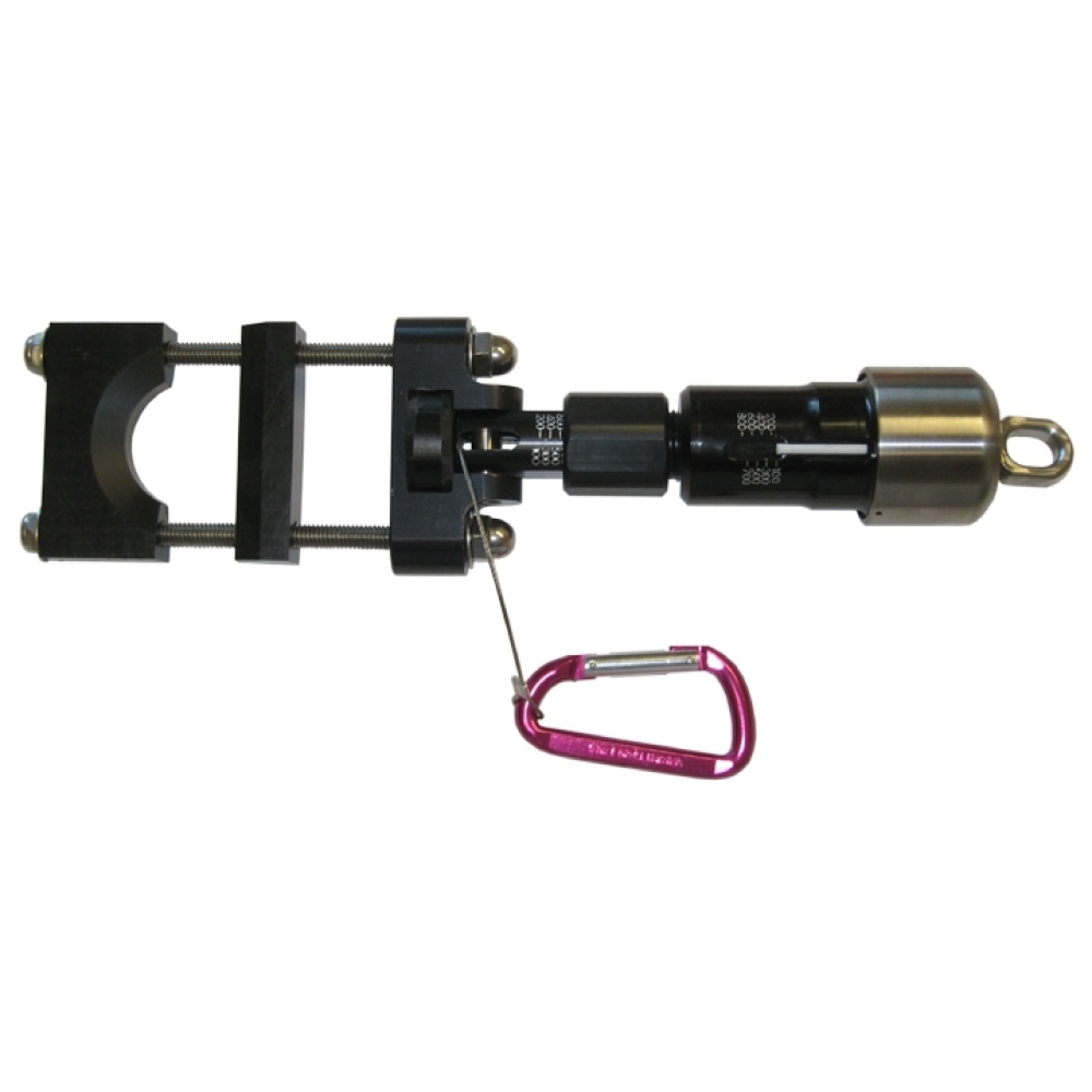 The Comptech Marine Safety Trick Release by Sky Ski is a mechanical device featuring bolts, a clamp, a cylindrical metal component, and a pink carabiner attached by wire, all designed with Comptech Marine Safety standards in mind.