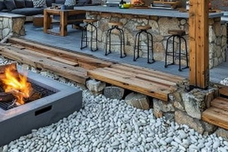 A backyard patio with a stone and wood bar area featuring barstools, a grill, and a sofa. In the foreground, there is a square stone fire pit on a bed of white pebbles with a lit fire, making it essential to ensure regular fire pit maintenance for safety and longevity.