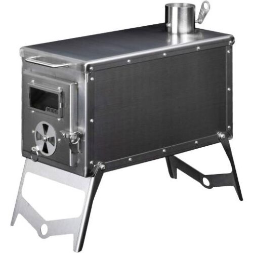 A portable stainless steel wood-burning stove with a chimney pipe and a small door on the front, supported by four angled legs, perfect for keeping your ice fishing tent toasty.