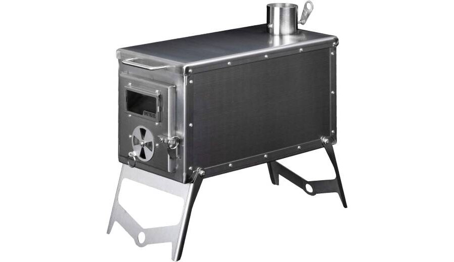 A portable stainless steel wood-burning stove with a chimney pipe and a small door on the front, supported by four angled legs, perfect for keeping your ice fishing tent toasty.