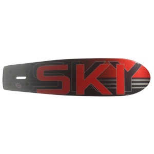 Top view of a skateboard deck with a bold, red and black design that prominently features the word "SKY", reminiscent of the sleek branding often seen on a Sky Ski RS Aero 41 Sit-Down Hydrofoil.