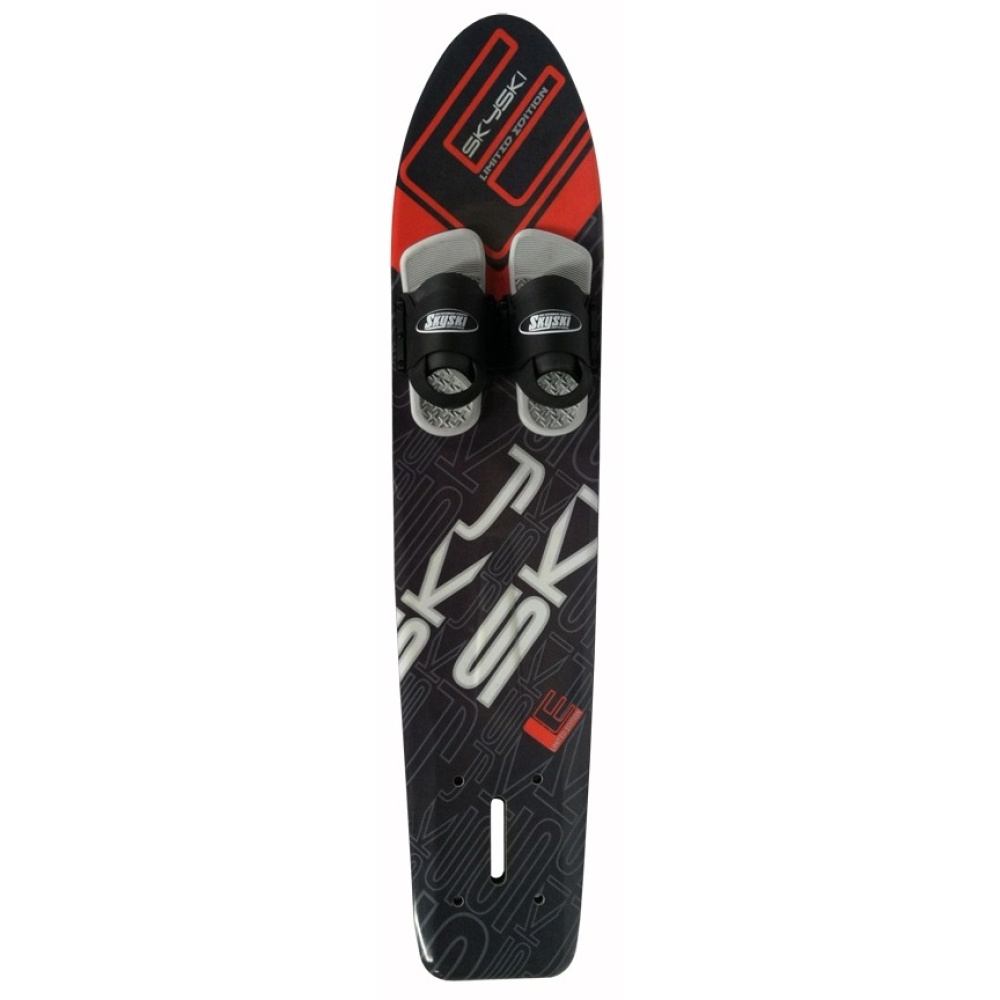 A Sky Ski Fiberglass Pro SS Board, designed in black and red with durable fiberglass construction and foot bindings.