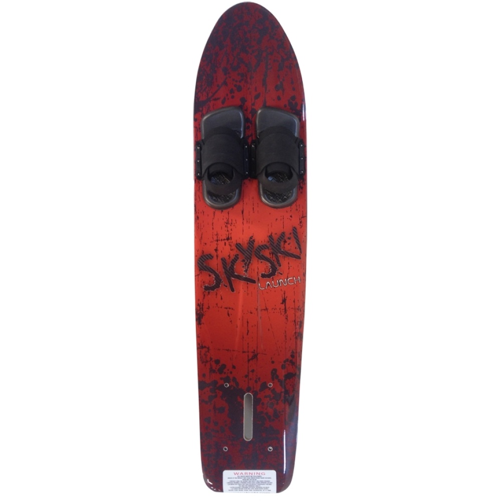 A sleek wakeboard with a red-black design, black foot bindings labeled "Sky Ski Fiberglass/Carbon Fiber Launch Board," and a carbon fiber finish. A slot at the bottom features a visible warning label.