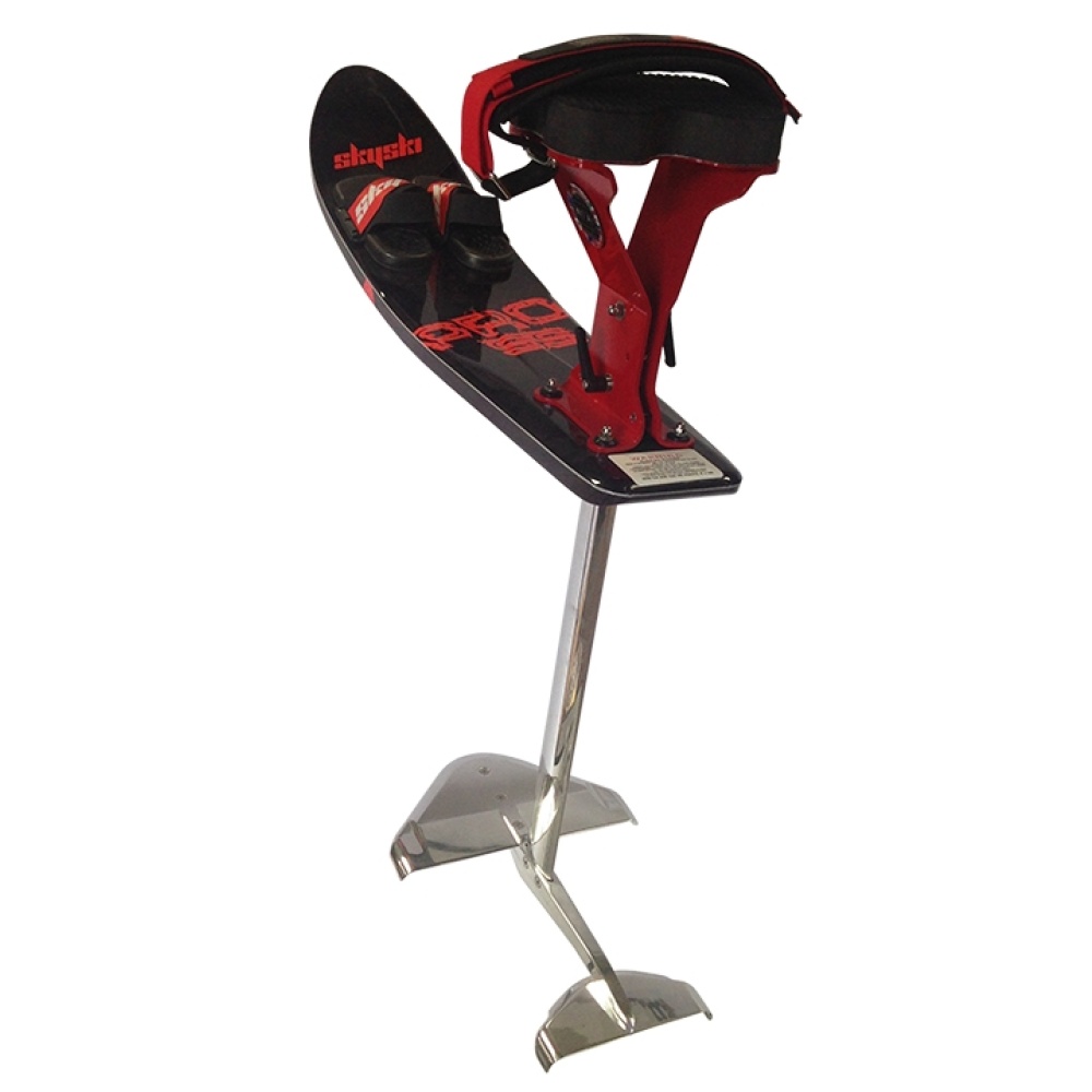 A Sky Ski Pro SS Sit-Down Hydrofoil with a red strap and black foot holder on a reflective metal mast and fin base, designed for exhilarating watersport activities, similar to the dynamic performance of other high-end hydrofoils.