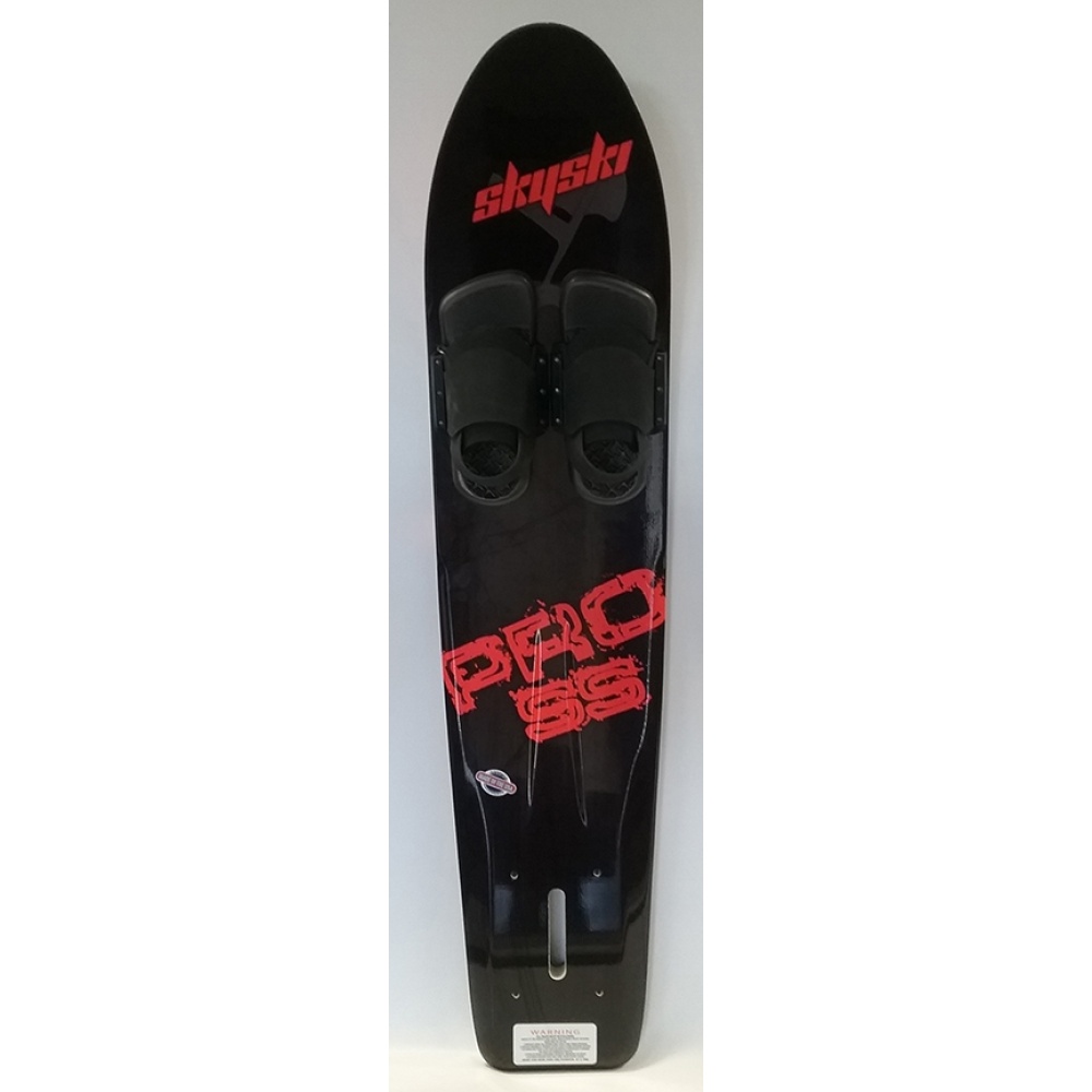 Image of a black Sky Ski Fiberglass Pro SS Board with foot straps and red text branding.