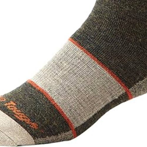 A close-up of a person's foot wearing a gray and dark green sock with orange accents and the "Dry Fusion" logo on the toe, perfect for keeping toasty feet during ice fishing.