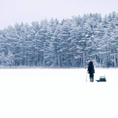 A person stands on a snow-covered field in front of a forest, holding a rod beside a small ice fishing sled, experiencing one of the best ice fishing adventures on the lakes in Idaho.